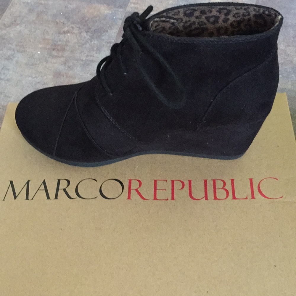 Black faux suede wedge bootie